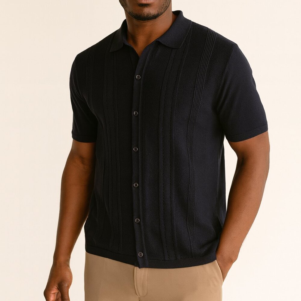 Coofandy Mens Navy Knit Button-Up Polo Shirt 2XL – Retro Textured Viscose Blend